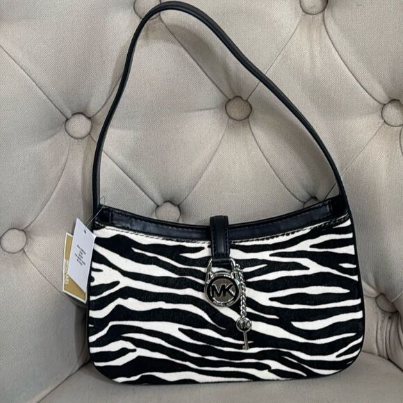 Michael Kors Lyra Black and White Calf Hair Leather Pouchette - Picture 2 of 11